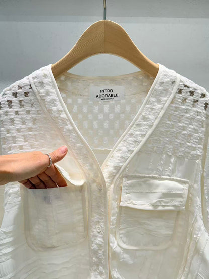 Korean Direct Delivery Sheer Patchwork Pocket Top