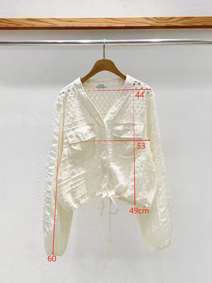 Korean Direct Delivery Sheer Patchwork Pocket Top