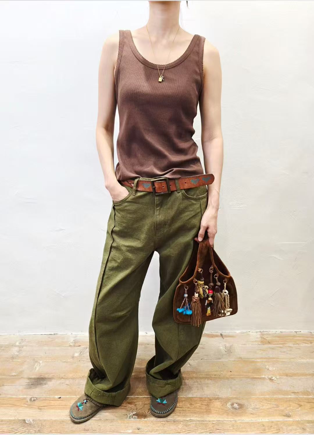 韓國直送Side-Pleated Curved Wide-Leg Pants