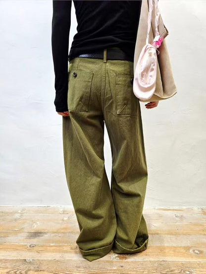 韓國直送Side-Pleated Curved Wide-Leg Pants