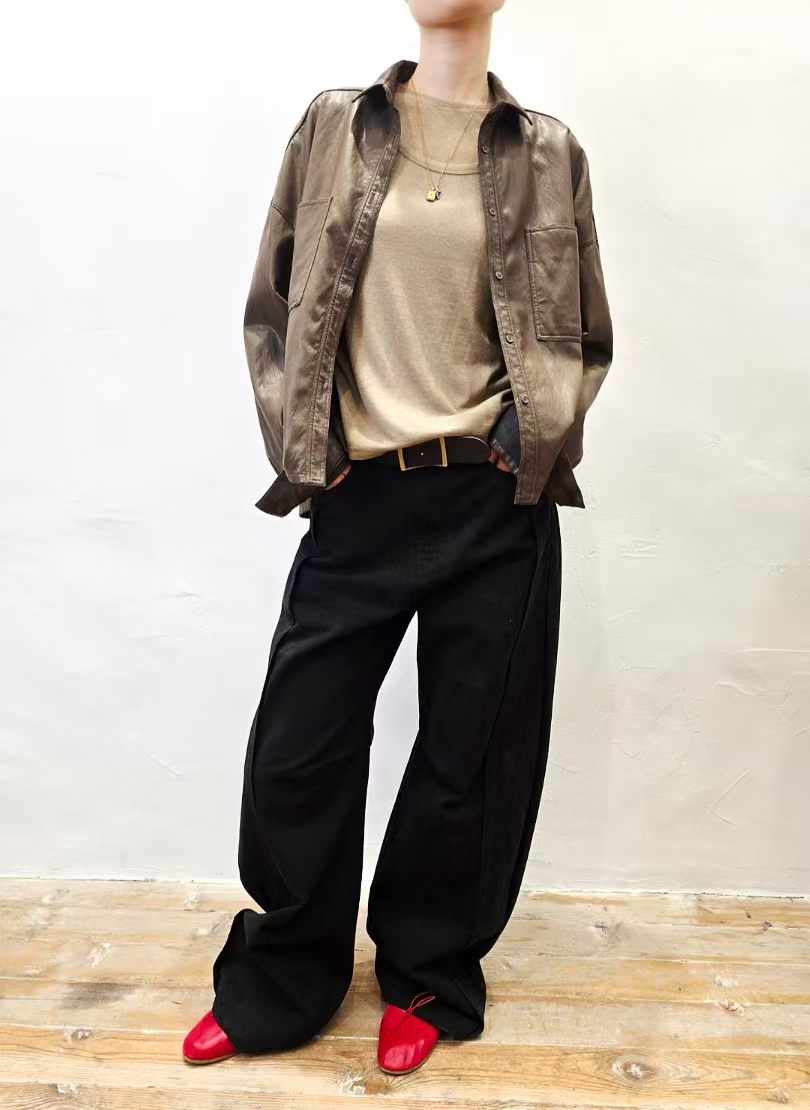 韓國直送Side-Pleated Curved Wide-Leg Pants