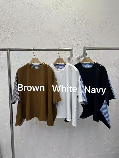 韓國直送Stripe Splice Shoulder-Button Tee