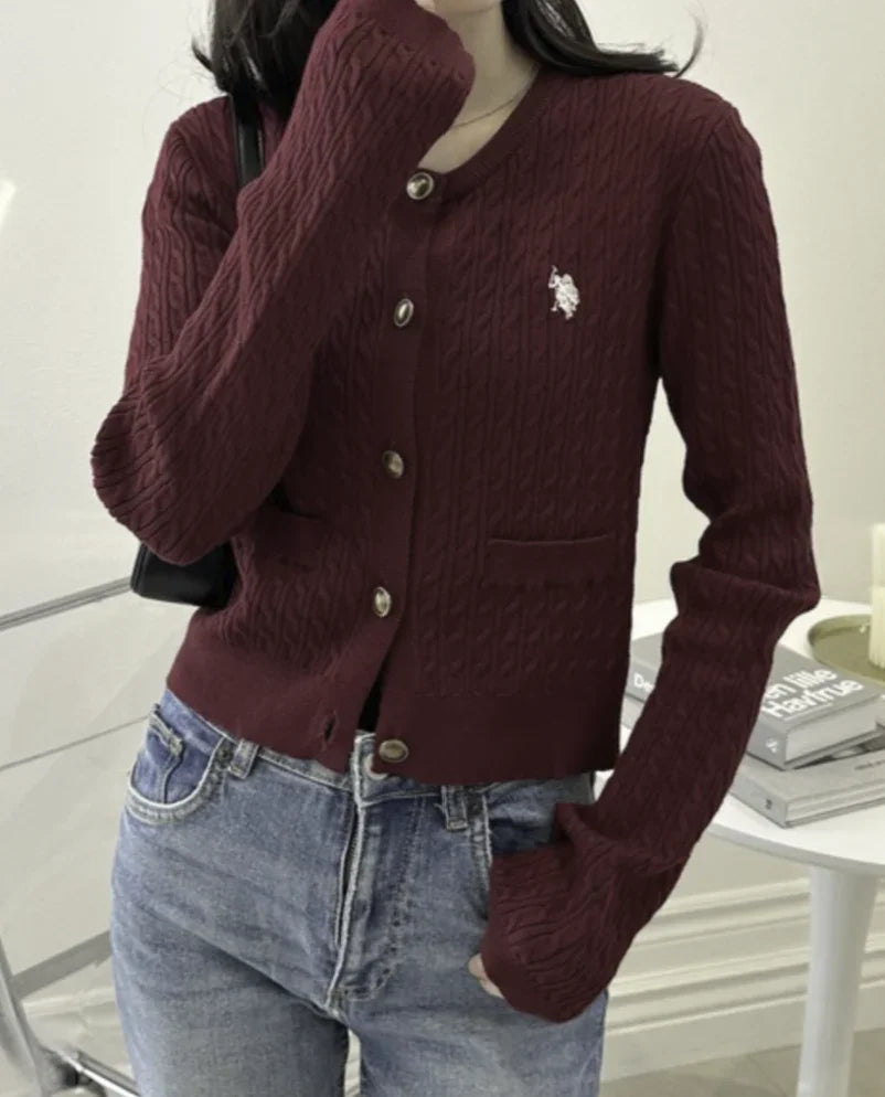 日本直送26SS U.S.POLO ASSN. Gold Button Embroidered Cable Knitted Cardigan - HLY &amp; CHOCCICO