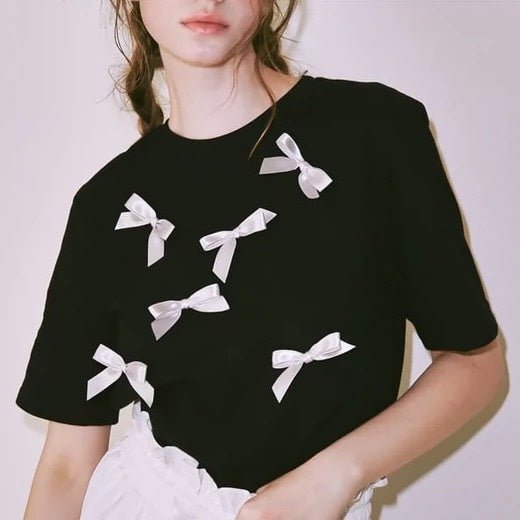 【一口價$282/件】韓國潮牌RonRon Loose handmade ribbon short sleeves   -2 Color