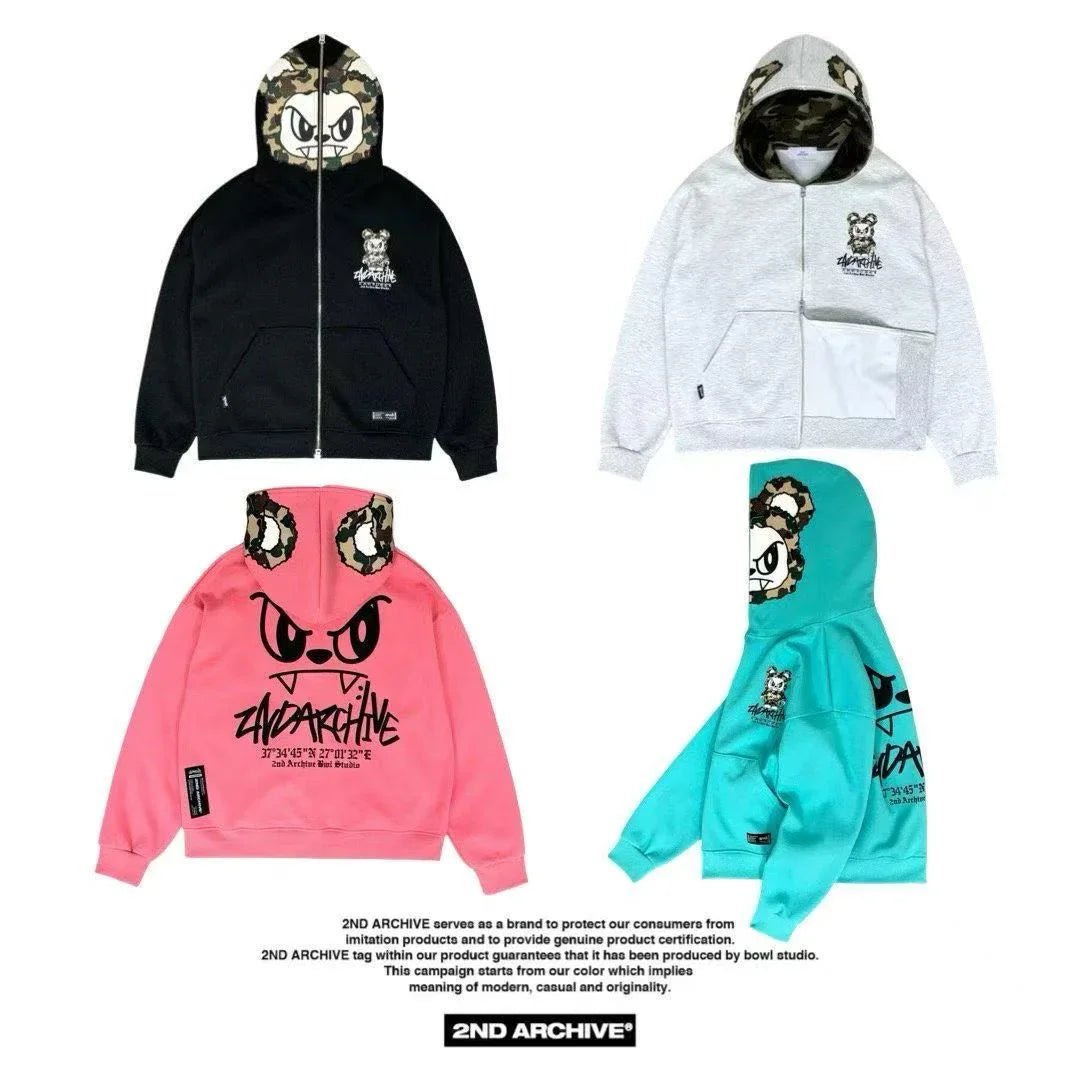 韓國直送🇰🇷 2ND ARCHIVE Angry Camo Bear Pulhood Zip - up - HLY &amp; CHOCCICO