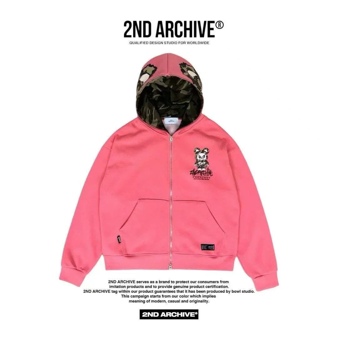 韓國直送🇰🇷 2ND ARCHIVE Angry Camo Bear Pulhood Zip - up - HLY &amp; CHOCCICO