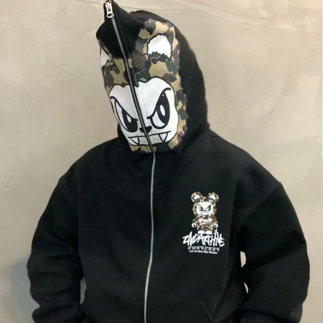 韓國直送🇰🇷 2ND ARCHIVE Angry Camo Bear Pulhood Zip - up - HLY &amp; CHOCCICO