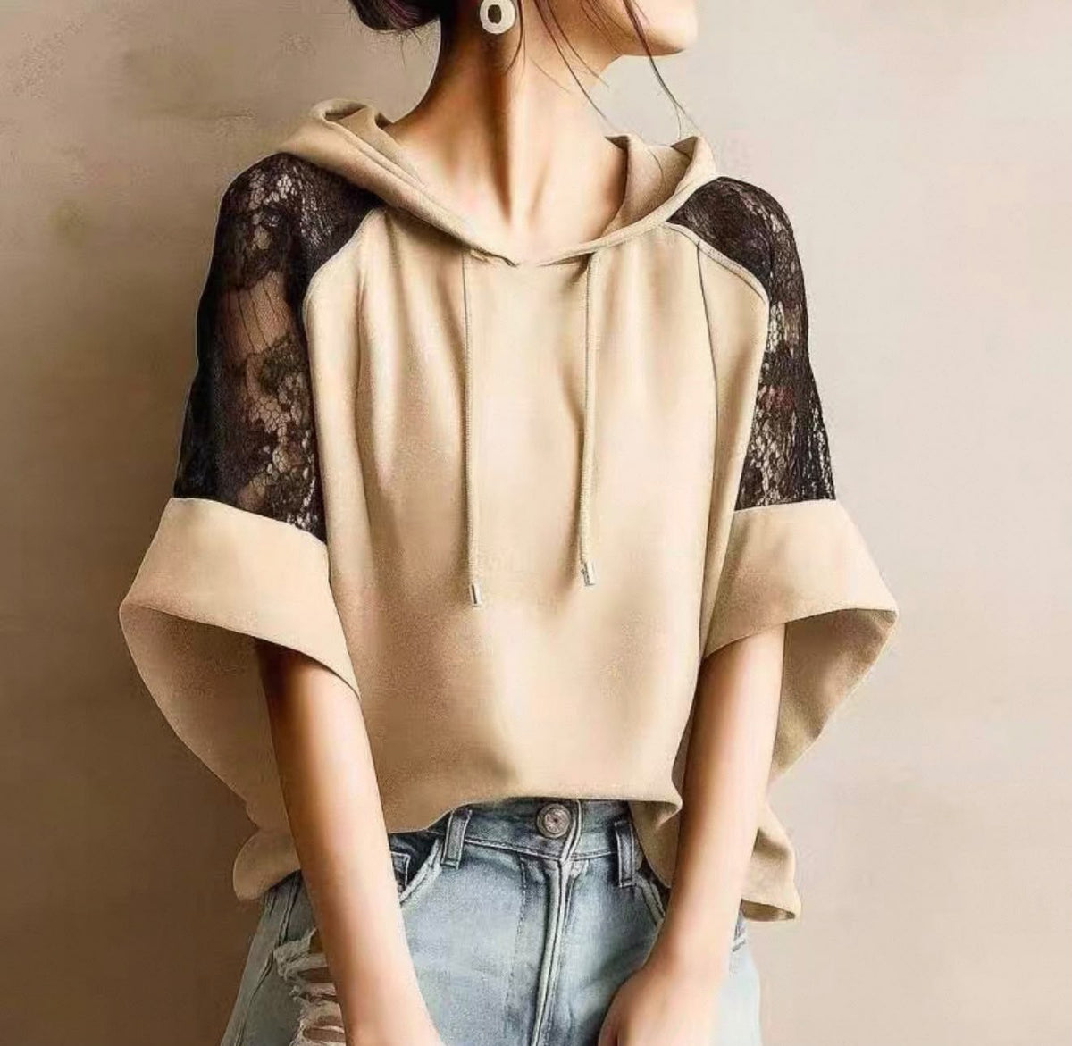 日本直送Lace Spliced Elegant Hoodie Top