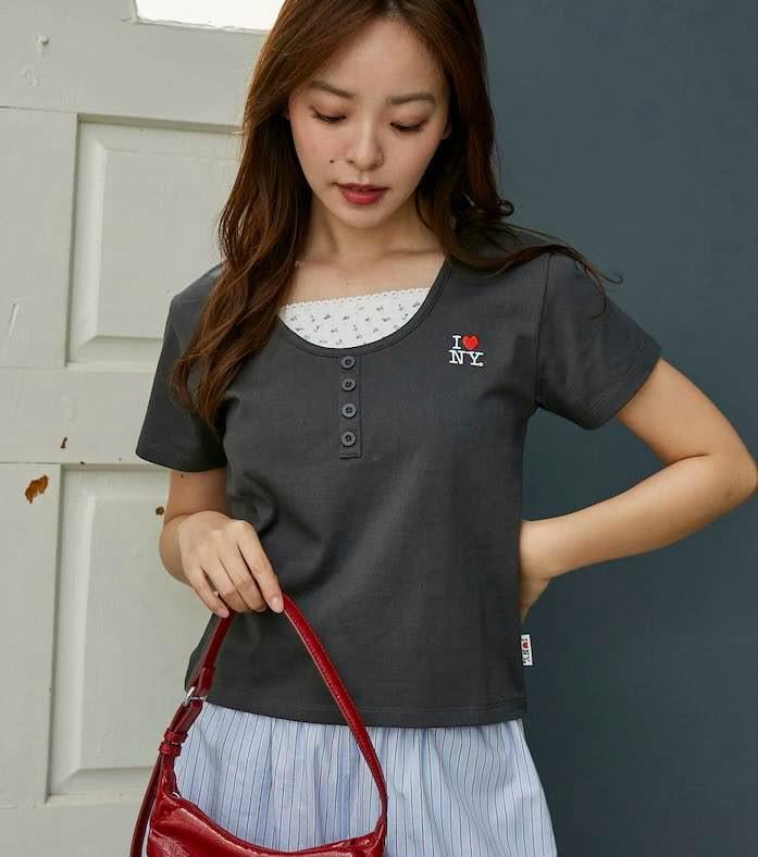 Direct from Japan: I Love NY Flower Pattern Layered Henley Neck Tee
