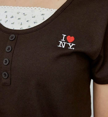 Direct from Japan: I Love NY Flower Pattern Layered Henley Neck Tee