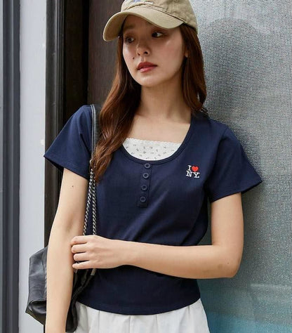 Direct from Japan: I Love NY Flower Pattern Layered Henley Neck Tee