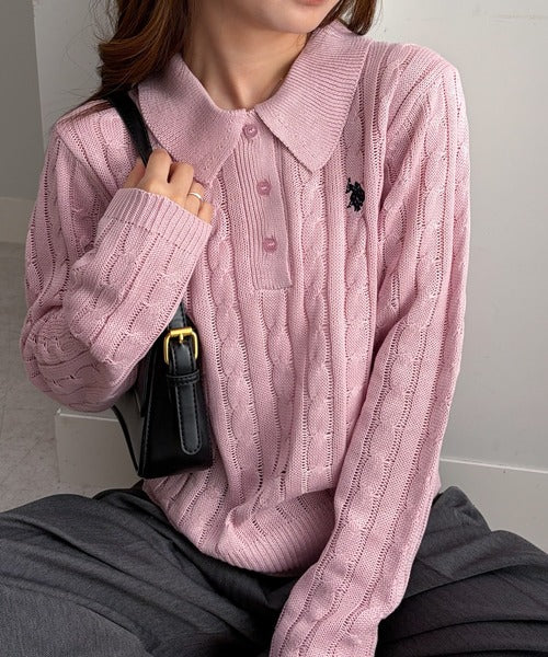 日本直送【U.S. POLO ASSN.】Soft Cable Knit Polo Pullover - 8 Colors