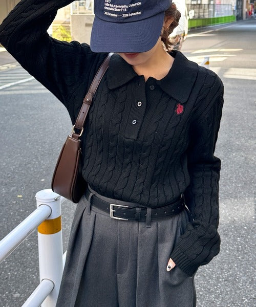 日本直送【U.S. POLO ASSN.】Soft Cable Knit Polo Pullover - 8 Colors
