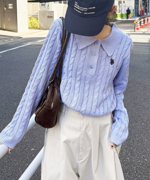 日本直送【U.S. POLO ASSN.】Soft Cable Knit Polo Pullover - 8 Colors