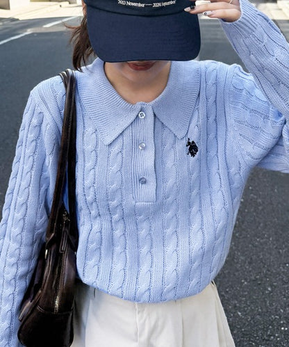 日本直送【U.S. POLO ASSN.】Soft Cable Knit Polo Pullover - 8 Colors