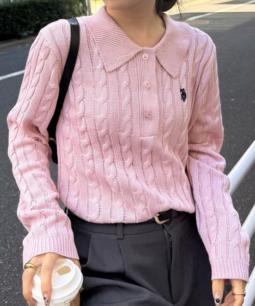 日本直送【U.S. POLO ASSN.】Soft Cable Knit Polo Pullover - 8 Colors
