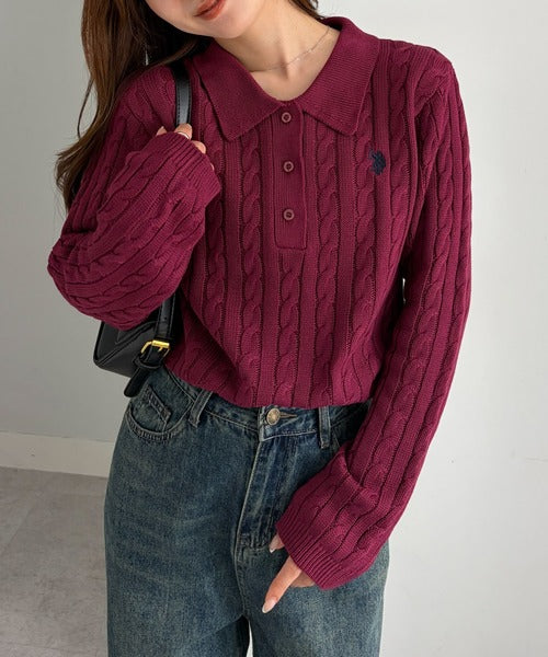 日本直送【U.S. POLO ASSN.】Soft Cable Knit Polo Pullover - 8 Colors