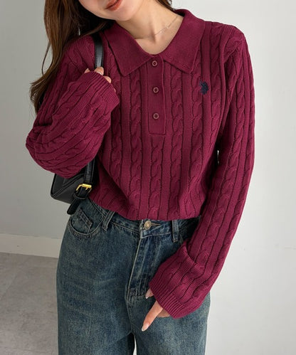 日本直送【U.S. POLO ASSN.】Soft Cable Knit Polo Pullover - 8 Colors