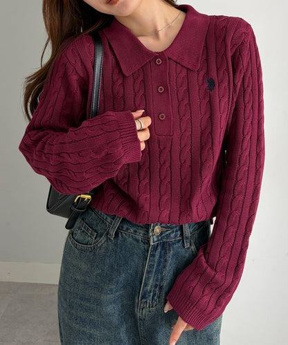 日本直送【U.S. POLO ASSN.】Soft Cable Knit Polo Pullover - 8 Colors