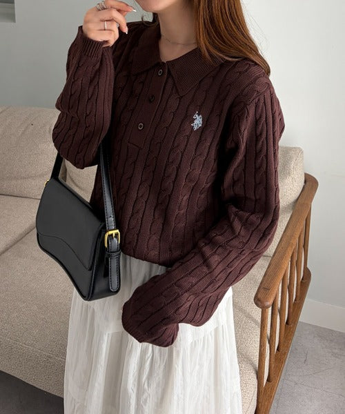 日本直送【U.S. POLO ASSN.】Soft Cable Knit Polo Pullover - 8 Colors
