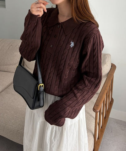 日本直送【U.S. POLO ASSN.】Soft Cable Knit Polo Pullover - 8 Colors