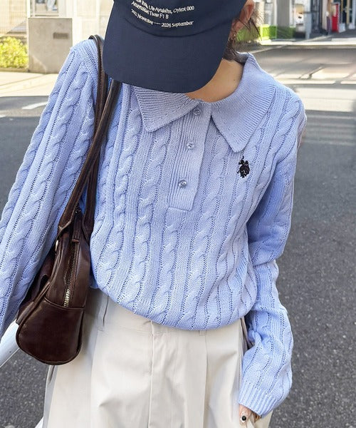 日本直送【U.S. POLO ASSN.】Soft Cable Knit Polo Pullover - 8 Colors