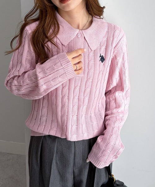 日本直送【U.S. POLO ASSN.】Soft Cable Knit Polo Pullover - 8 Colors