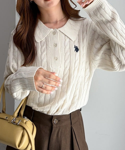 日本直送【U.S. POLO ASSN.】Soft Cable Knit Polo Pullover - 8 Colors