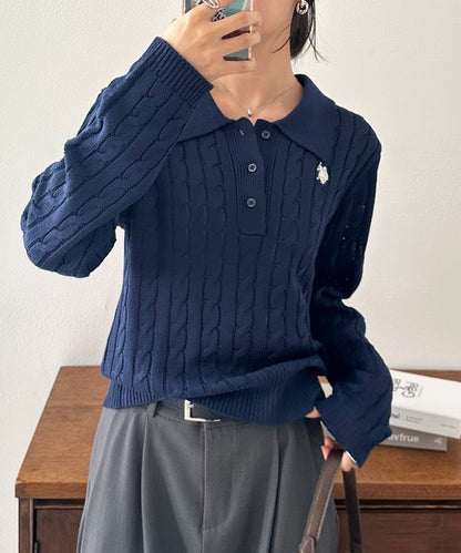 日本直送【U.S. POLO ASSN.】Soft Cable Knit Polo Pullover - 8 Colors