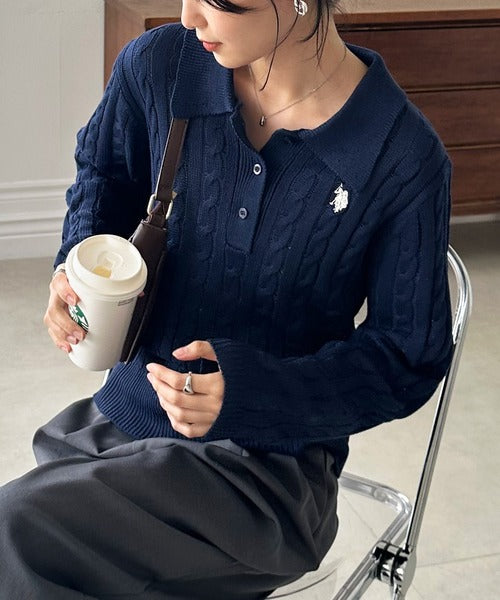 日本直送【U.S. POLO ASSN.】Soft Cable Knit Polo Pullover - 8 Colors