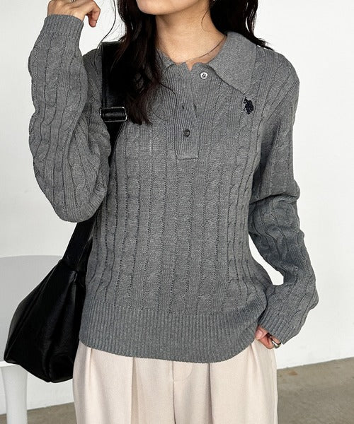 日本直送【U.S. POLO ASSN.】Soft Cable Knit Polo Pullover - 8 Colors