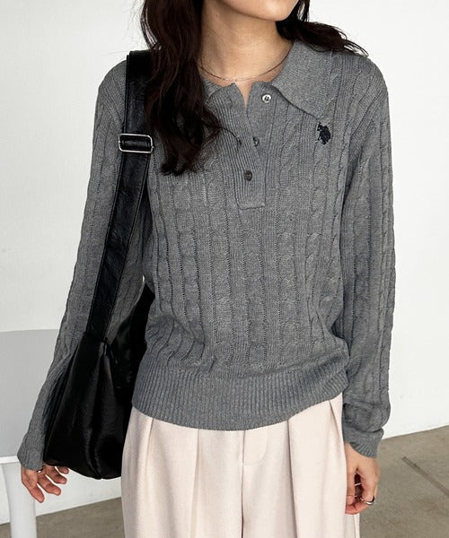 日本直送【U.S. POLO ASSN.】Soft Cable Knit Polo Pullover - 8 Colors