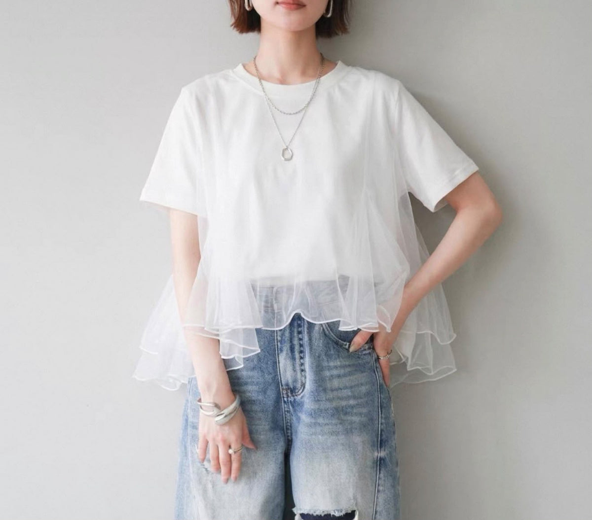 韓國直送Sheer Wave Peplum Tee