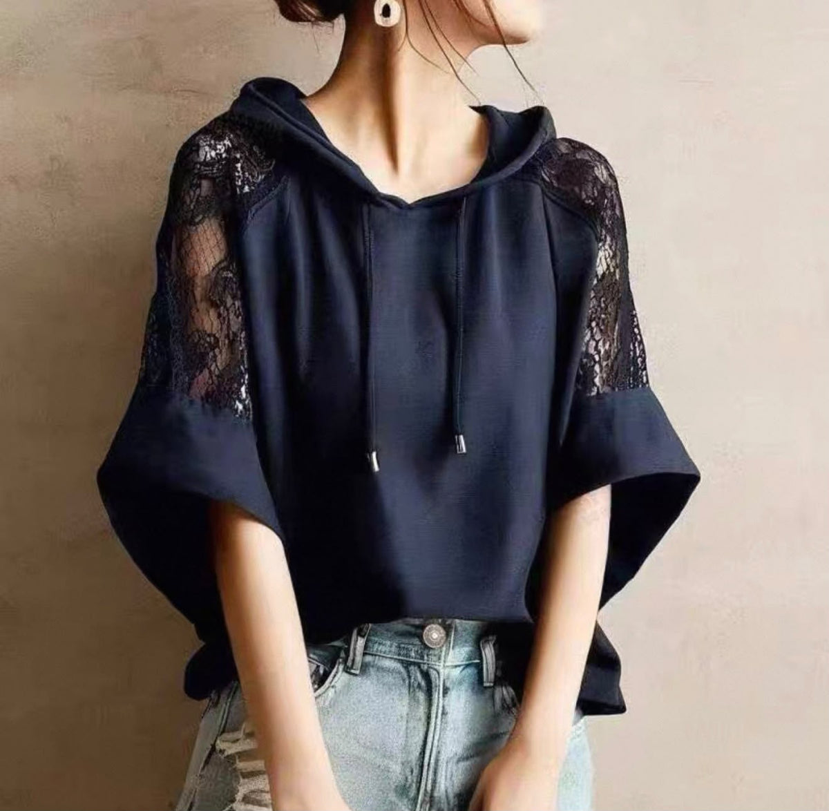 日本直送Lace Spliced Elegant Hoodie Top