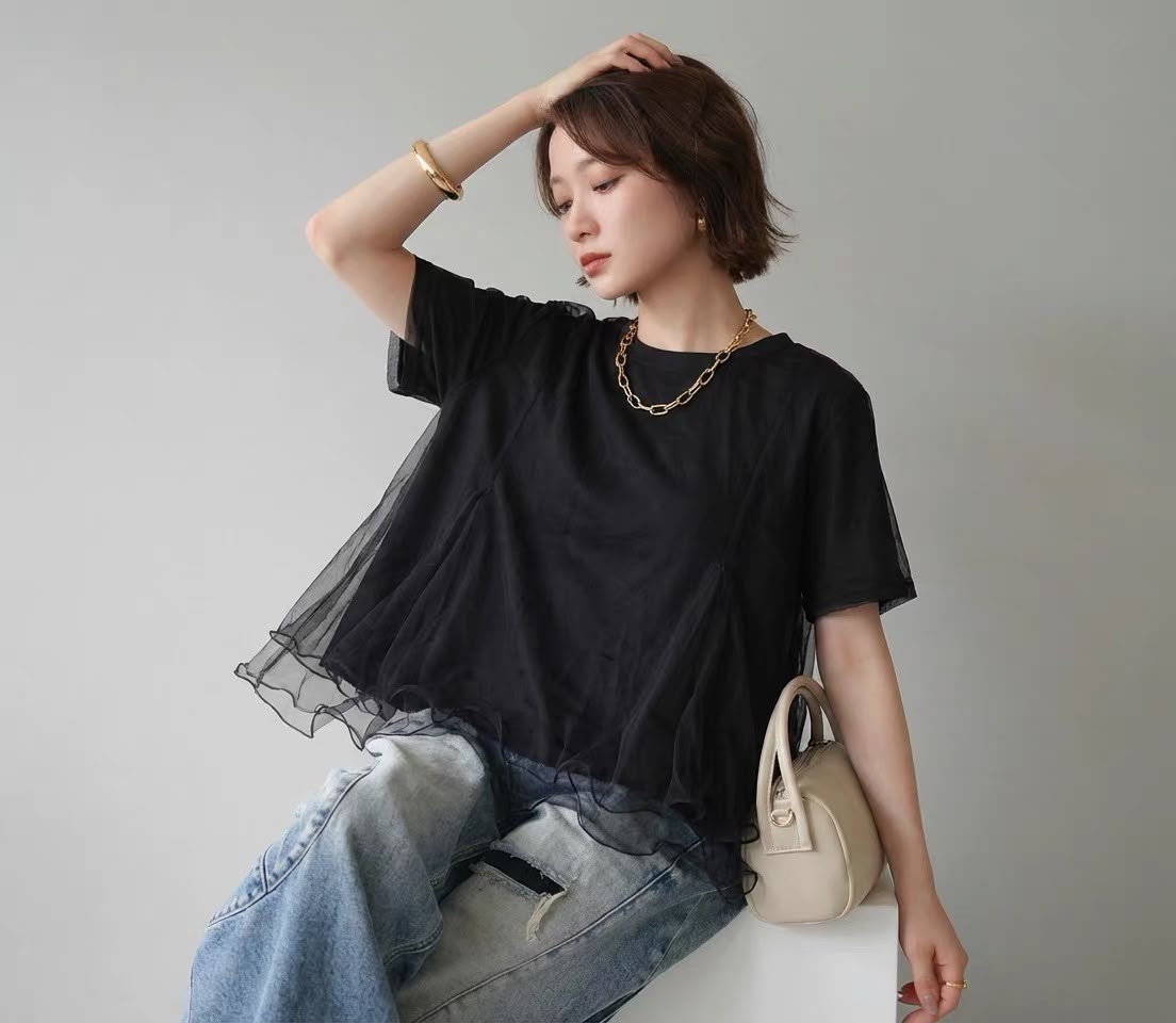 韓國直送Sheer Wave Peplum Tee