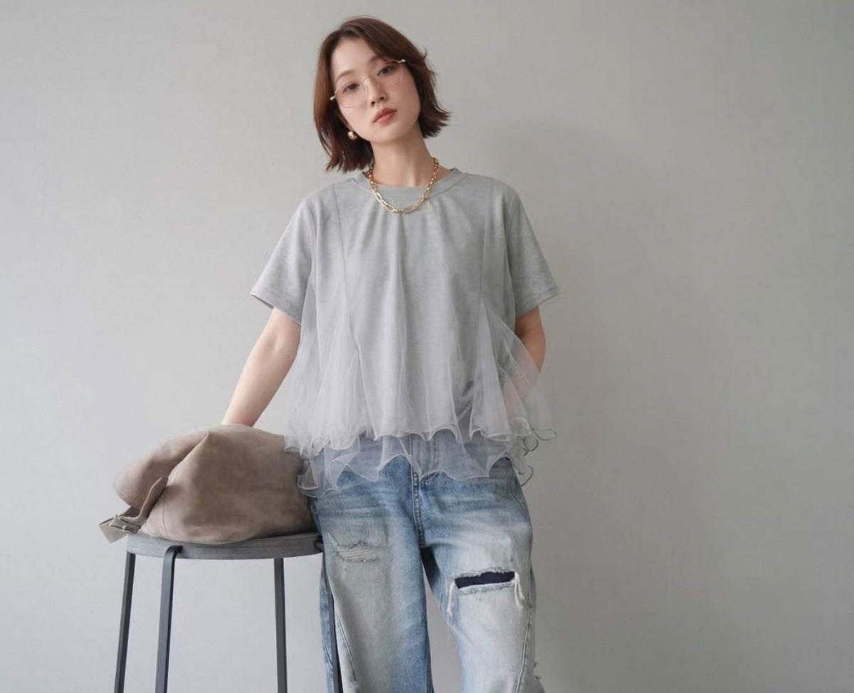 韓國直送Sheer Wave Peplum Tee
