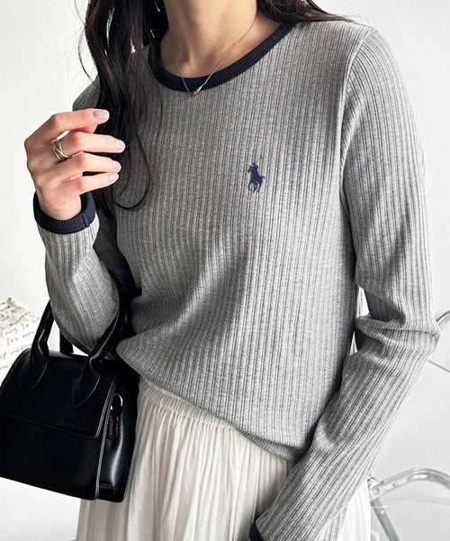 RL Ribbed Fabric Contrast Long Sleeve Tee