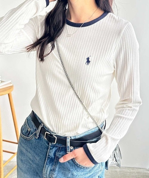 RL Ribbed Fabric Contrast Long Sleeve Tee