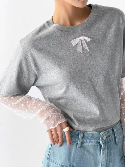韓國直送Basic lace bow Tee - HLY &amp; CHOCCICO