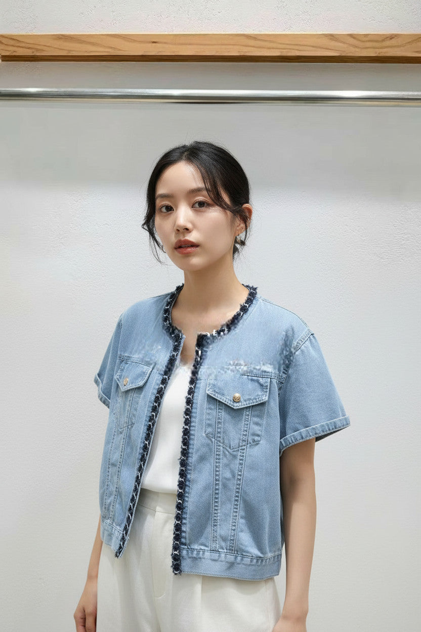 韓國直送Amelie Tweed-Trim Denim Jacket