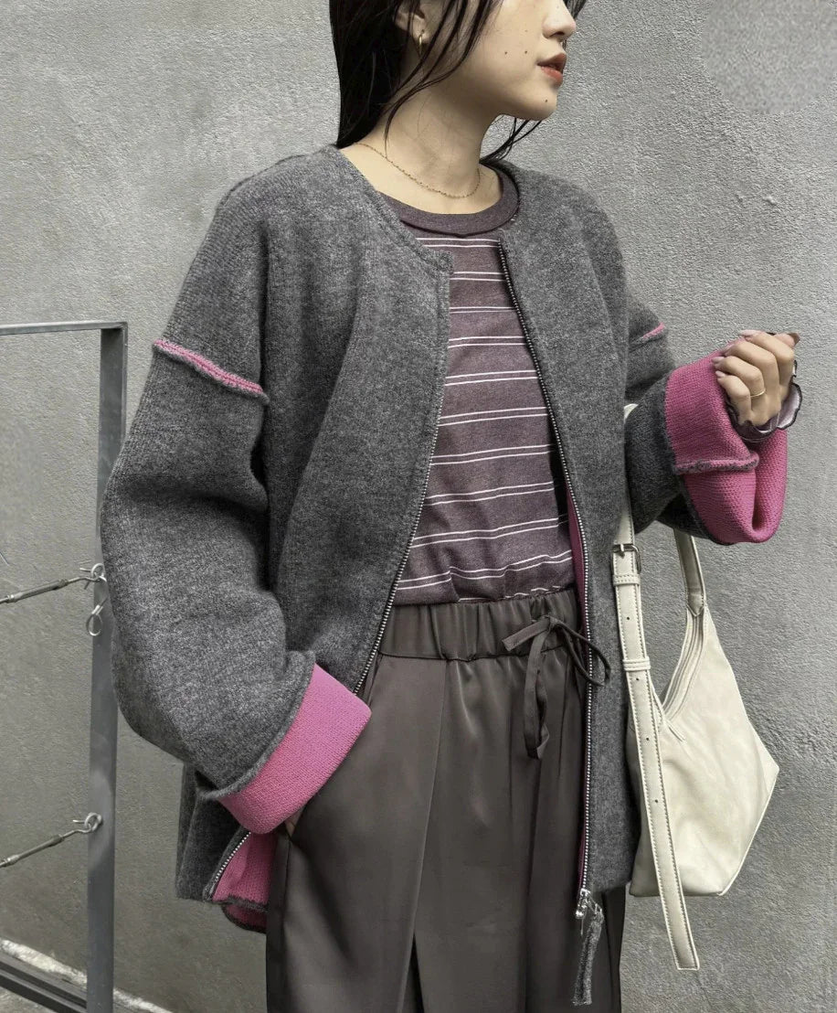 日本直送Double Zip Color Scheme yak like knit cardigan - HLY &amp; CHOCCICO