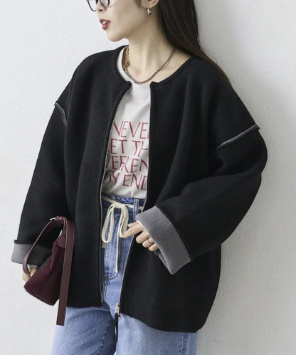 日本直送Double Zip Color Scheme yak like knit cardigan - HLY &amp; CHOCCICO