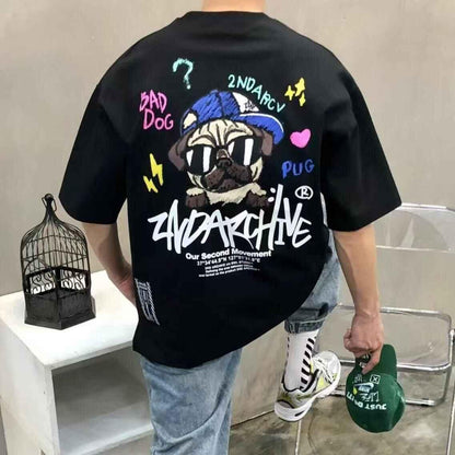 Black oversized t-shirt with colorful pug graphic and bold 2nd Archive streetwear text