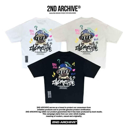 Three 2nd Archive t-shirts in white, beige, and black featuring cartoon pug graphic and street style design.