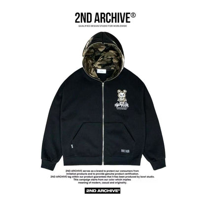 韓國直送🇰🇷 2ND ARCHIVE Angry Camo Bear Pulhood Zip -up HLY &amp; CHOCCICO