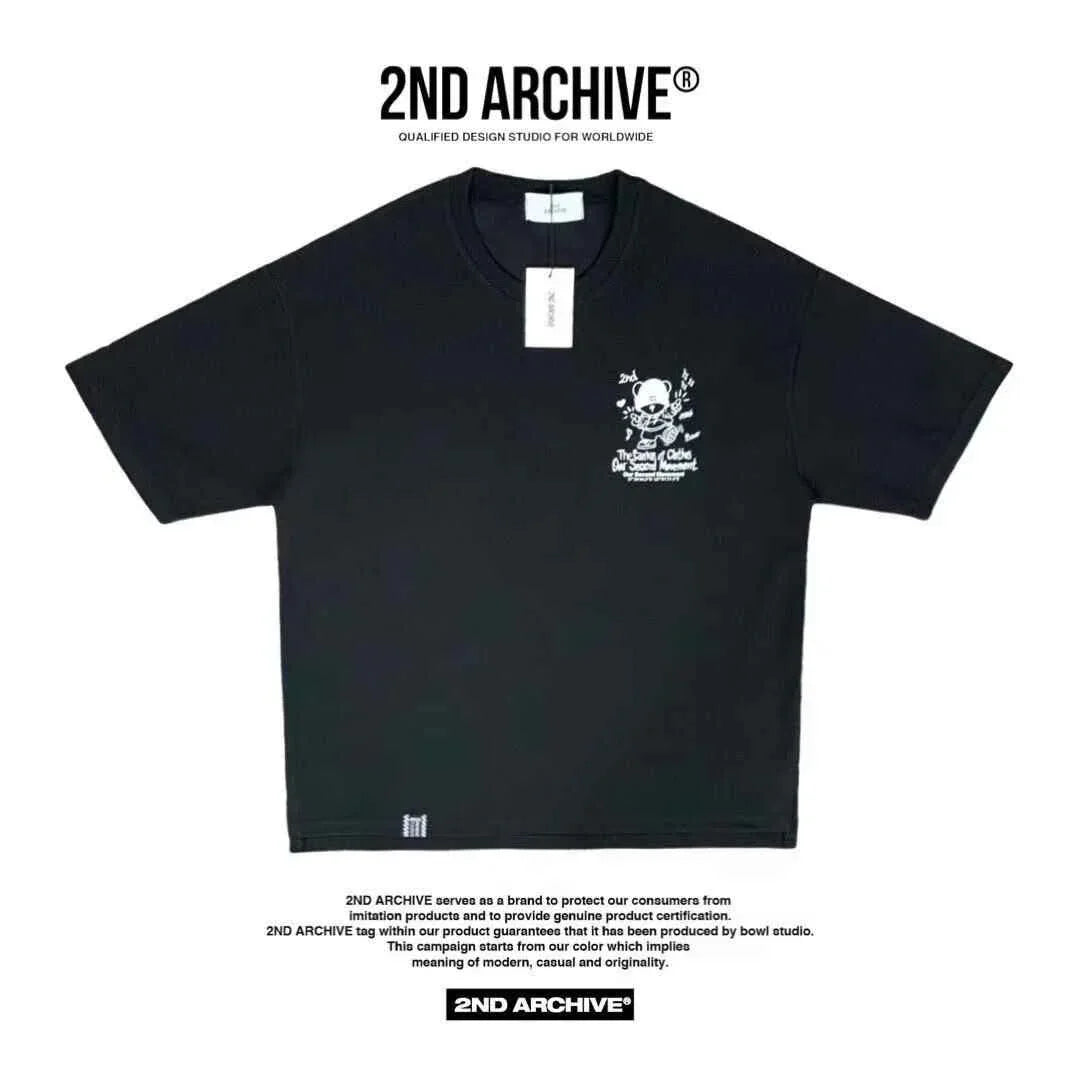 Black 2ND ARCHIVE t-shirt with small teddy bear graphic and white text on chest, unisex casual wear.