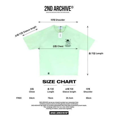 Light green unisex t-shirt with teddy bear print and size chart measurements in centimeters.