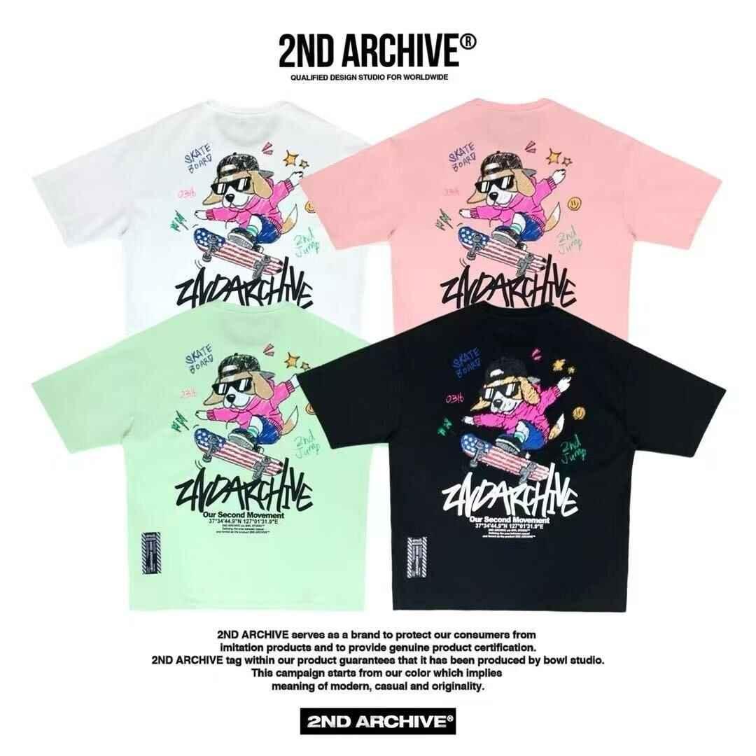 2ND ARCHIVE graphic T-shirts in white, pink, green, and black featuring cartoon dog on skateboard.
