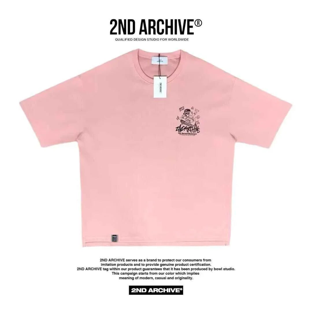 Pink short sleeve T-shirt with black graphic and text on the chest, 2ND ARCHIVE tag visible.