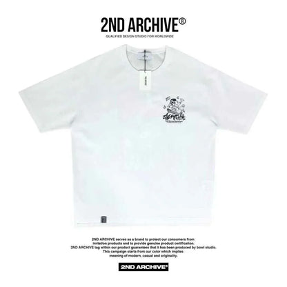 White 2ND ARCHIVE unisex t-shirt with black chest graphic and tag, modern streetwear style